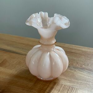 Vintage Fenton Pink Opalescent Overlay Melon Ribbed Ruffled Rim Vase 6"